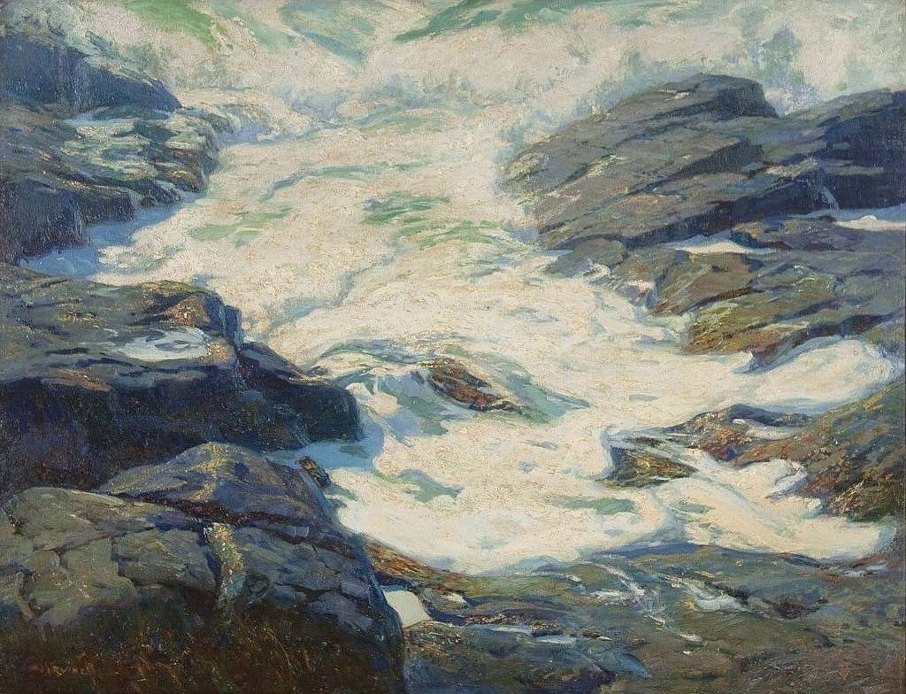 The couple’s selected coastal painting, with blue surf flowing between dark shoreline rocks